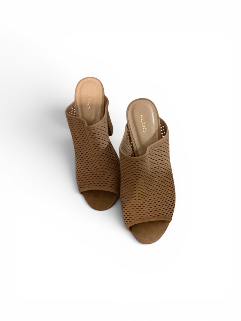 Aldo Tan Perforated Open-Toe Mule Heels